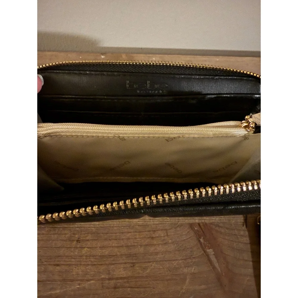 Bebe Black Quilted Rhinestone Logo Zip Around Wristlet Wallet‎ Organizer
